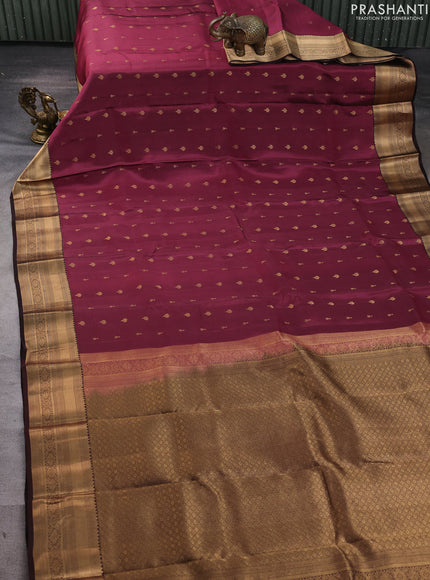 Kanchipuram silk saree wine shade and coffee brown with allover zari woven buttas and zari woven border