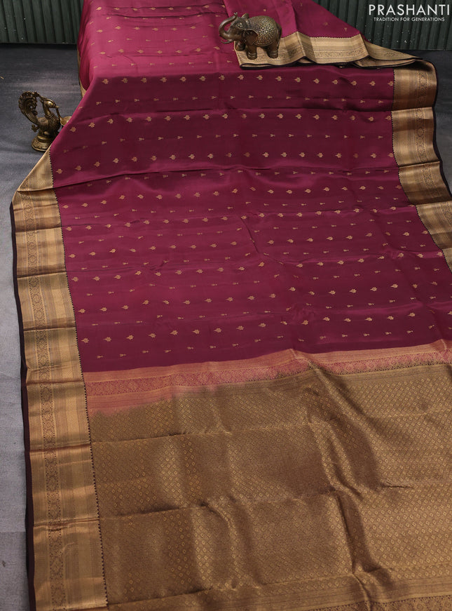 Kanchipuram silk saree wine shade and coffee brown with allover zari woven buttas and zari woven border