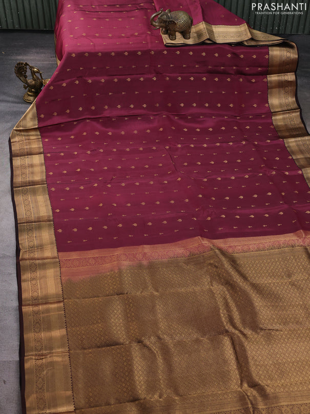 Kanchipuram silk saree wine shade and coffee brown with allover zari woven buttas and zari woven border