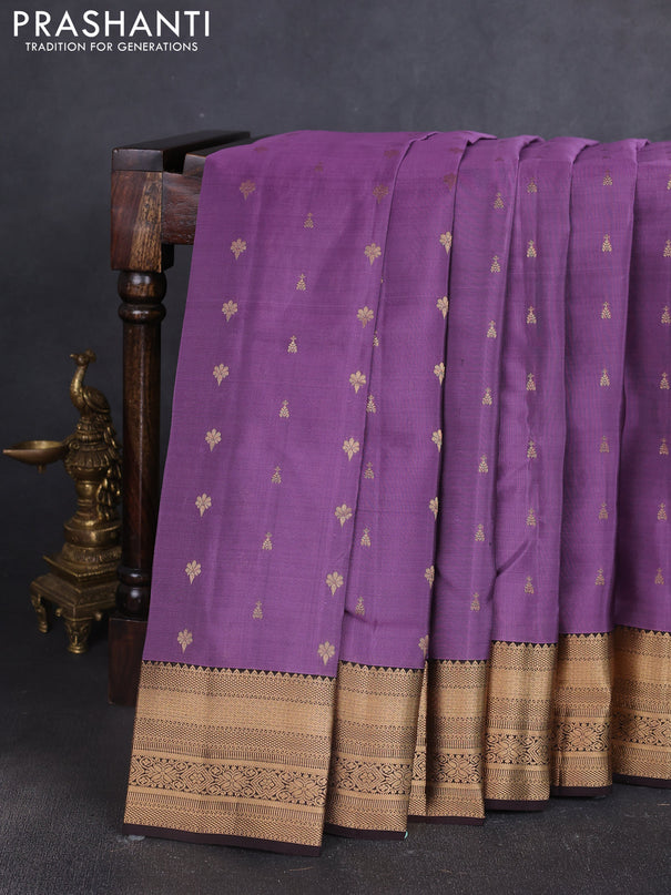 Kanchipuram silk saree purple and coffee brown with allover zari woven buttas and zari woven border