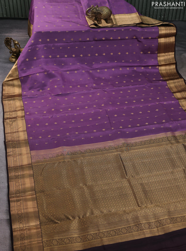 Kanchipuram silk saree purple and coffee brown with allover zari woven buttas and zari woven border