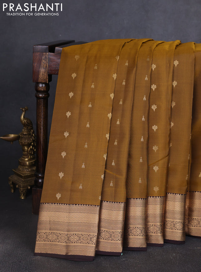 Kanchipuram silk saree mustard yellow and coffee brown with allover zari woven buttas and zari woven border