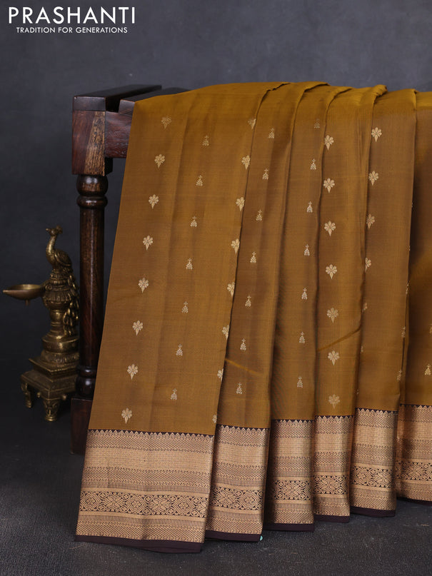 Kanchipuram silk saree mustard yellow and coffee brown with allover zari woven buttas and zari woven border