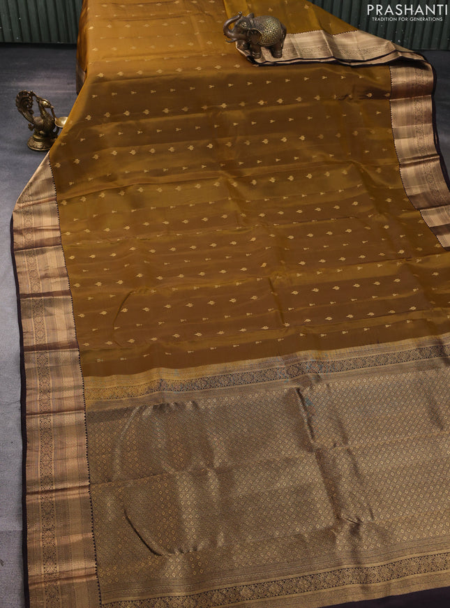 Kanchipuram silk saree mustard yellow and coffee brown with allover zari woven buttas and zari woven border