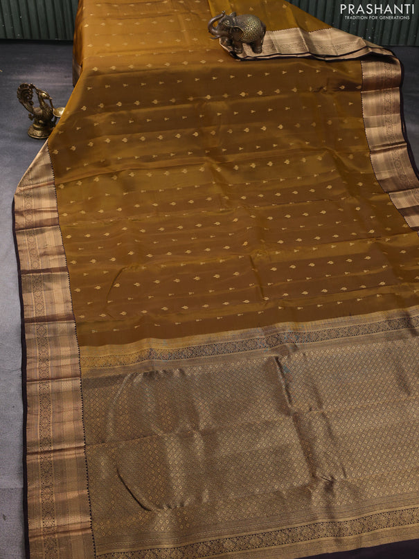 Kanchipuram silk saree mustard yellow and coffee brown with allover zari woven buttas and zari woven border