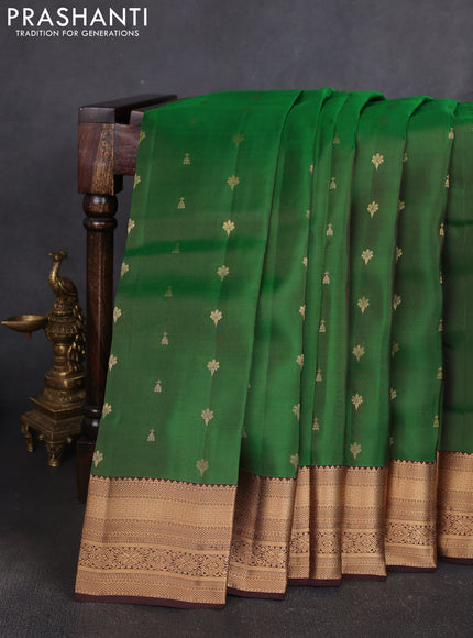 Kanchipuram silk saree green and coffee brown with allover zari woven buttas and zari woven border