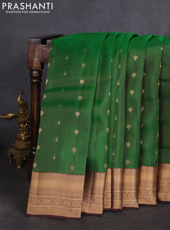 Kanchipuram silk saree green and coffee brown with allover zari woven buttas and zari woven border