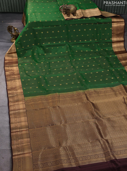 Kanchipuram silk saree green and coffee brown with allover zari woven buttas and zari woven border