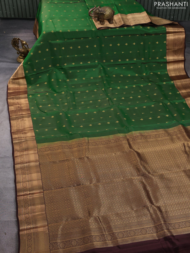 Kanchipuram silk saree green and coffee brown with allover zari woven buttas and zari woven border