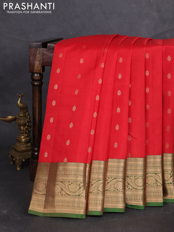 Kanchipuram silk saree red and green with allover zari woven buttas and zari woven border