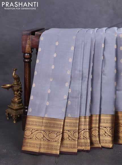 Kanchipuram silk saree grey and coffee brown with allover zari woven buttas and zari woven border
