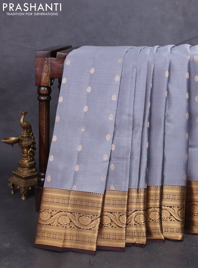 Kanchipuram silk saree grey and coffee brown with allover zari woven buttas and zari woven border