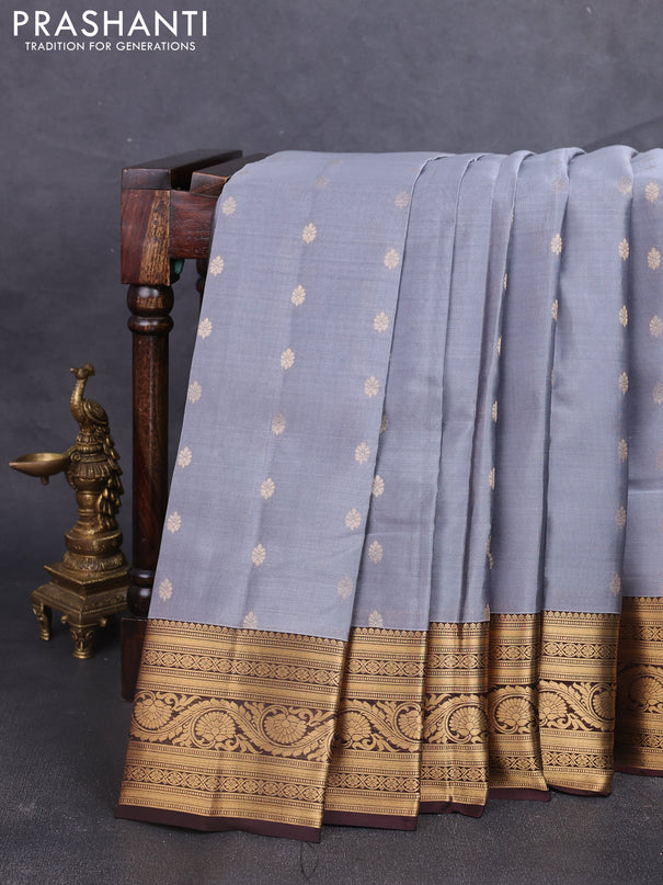 Kanchipuram silk saree grey and coffee brown with allover zari woven buttas and zari woven border