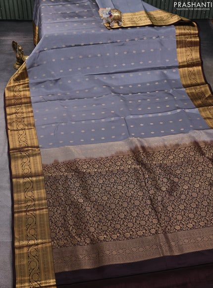 Kanchipuram silk saree grey and coffee brown with allover zari woven buttas and zari woven border