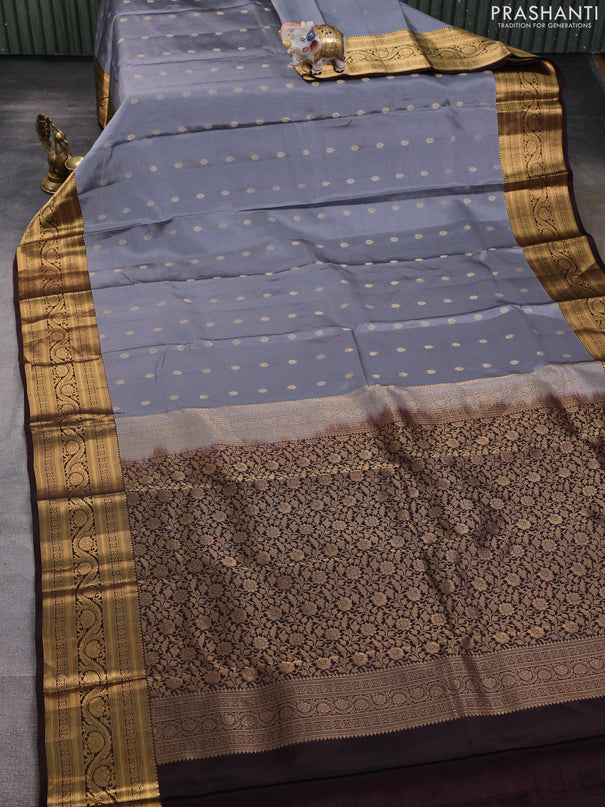 Kanchipuram silk saree grey and coffee brown with allover zari woven buttas and zari woven border