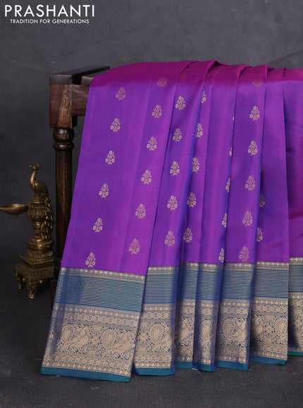 Kanchipuram silk saree purple and peacock green with allover zari woven buttas and long zari woven border