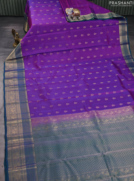 Kanchipuram silk saree purple and peacock green with allover zari woven buttas and long zari woven border