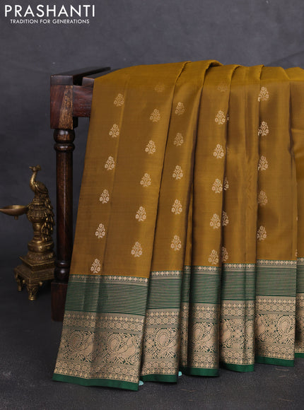 Kanchipuram silk saree mehendi green and green with allover zari woven buttas and long zari woven border