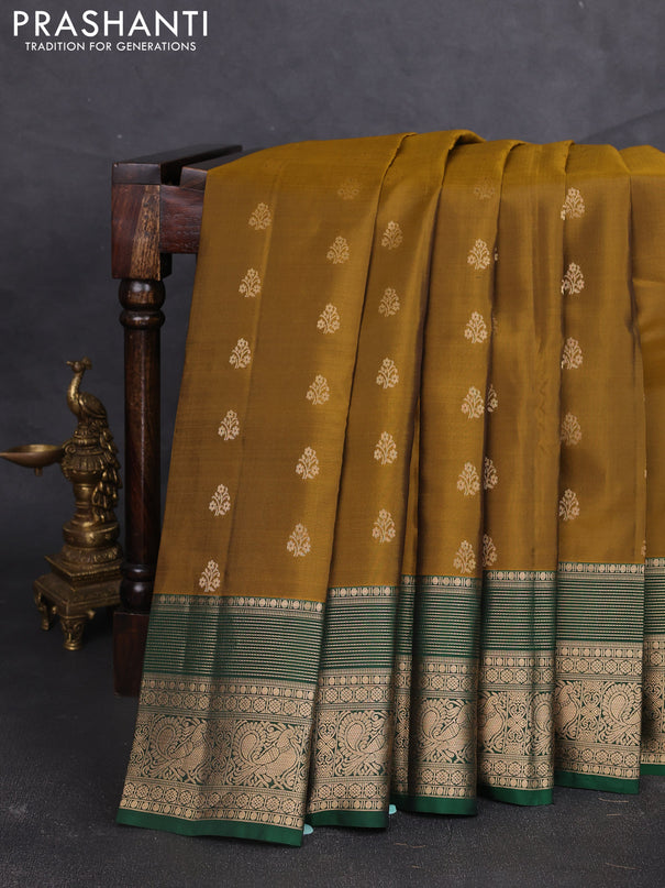 Kanchipuram silk saree mehendi green and green with allover zari woven buttas and long zari woven border