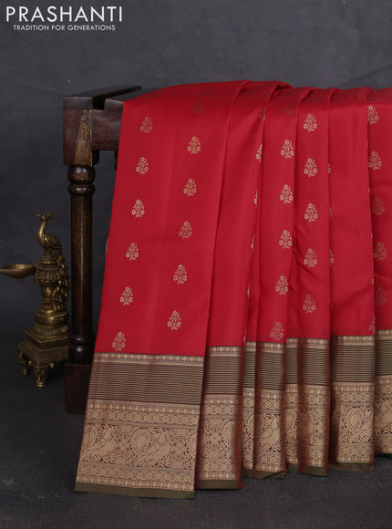 Kanchipuram silk saree red and light green with allover zari woven buttas and long zari woven border