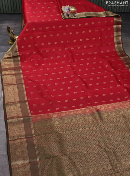 Kanchipuram silk saree red and light green with allover zari woven buttas and long zari woven border