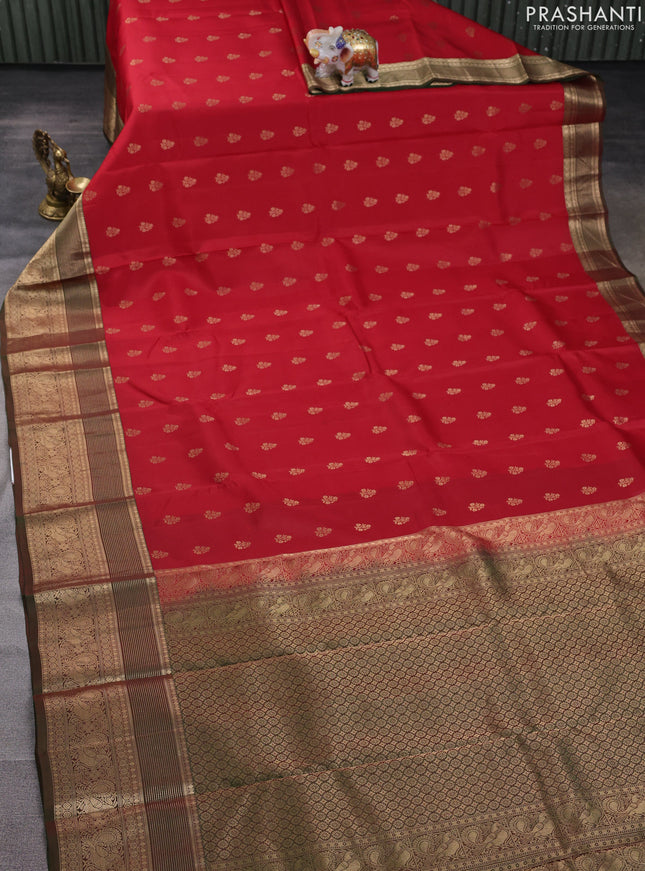 Kanchipuram silk saree red and light green with allover zari woven buttas and long zari woven border