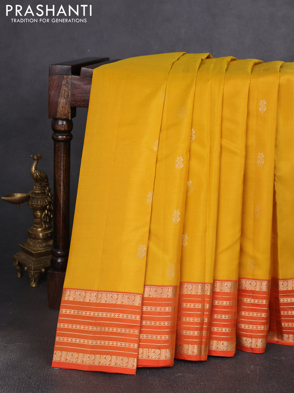 Kanchipuram silk saree yellow and orange with allover zari woven buttas and zari woven border