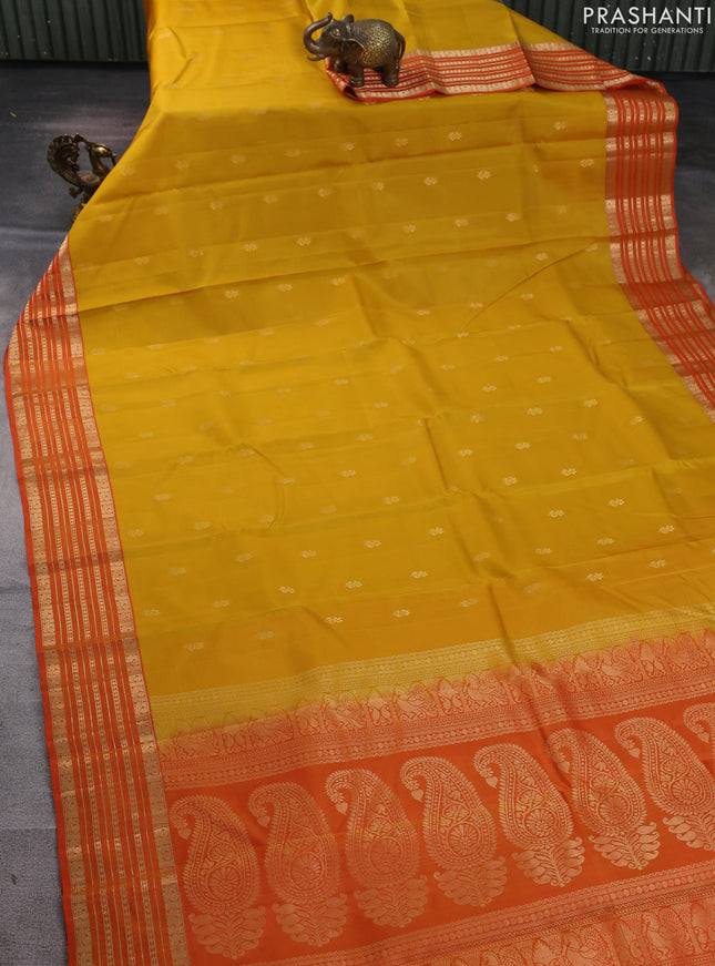 Kanchipuram silk saree yellow and orange with allover zari woven buttas and zari woven border