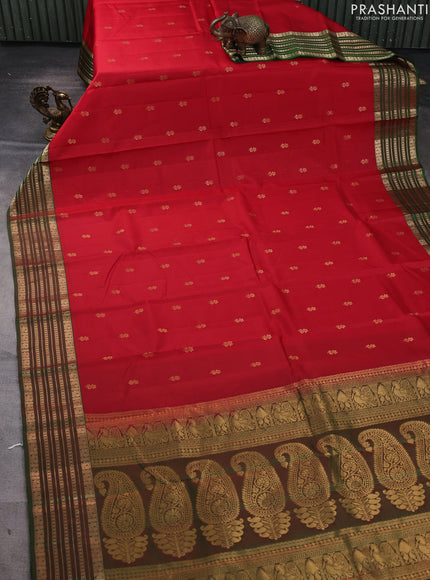 Kanchipuram silk saree red and green with allover zari woven buttas and zari woven border