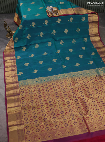 Kanchipuram silk saree peacock green and wine shade with allover zari woven buttas and zari woven border