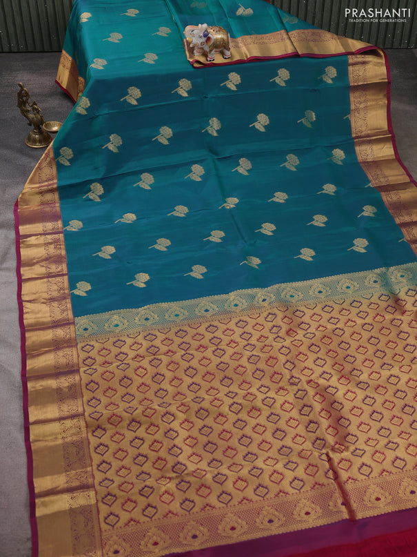 Kanchipuram silk saree peacock green and wine shade with allover zari woven buttas and zari woven border