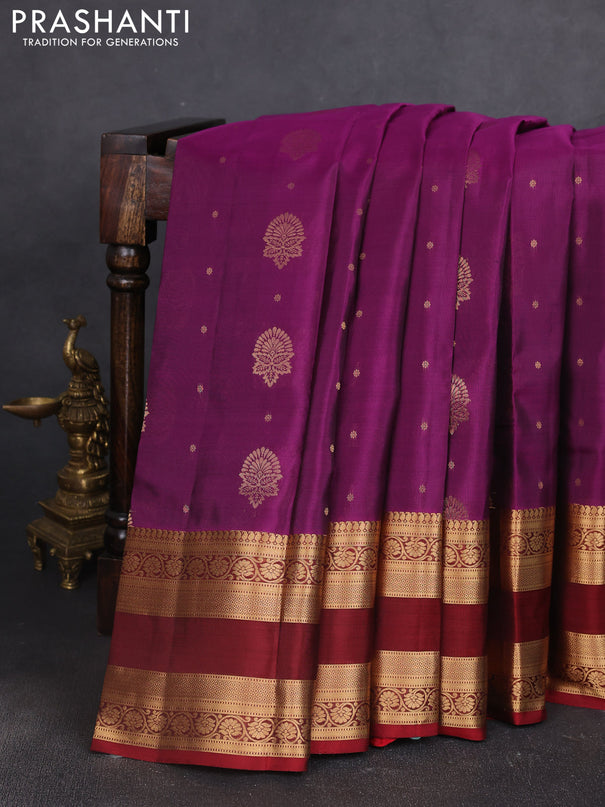 Kanchipuram silk saree wine shade and maroon with allover zari woven buttas and rettapet zari woven border