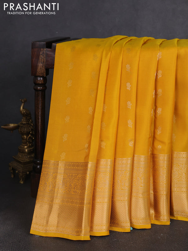 Kanchipuram silk saree yellow with allover zari woven buttas and long zari woven border