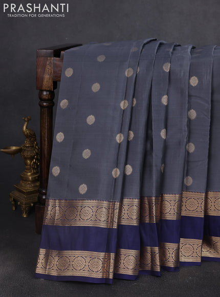 Kanchipuram silk saree grey and navy blue with allover zari woven buttas and rettapet zari woven border