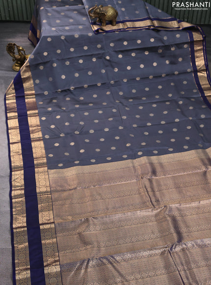 Kanchipuram silk saree grey and navy blue with allover zari woven buttas and rettapet zari woven border