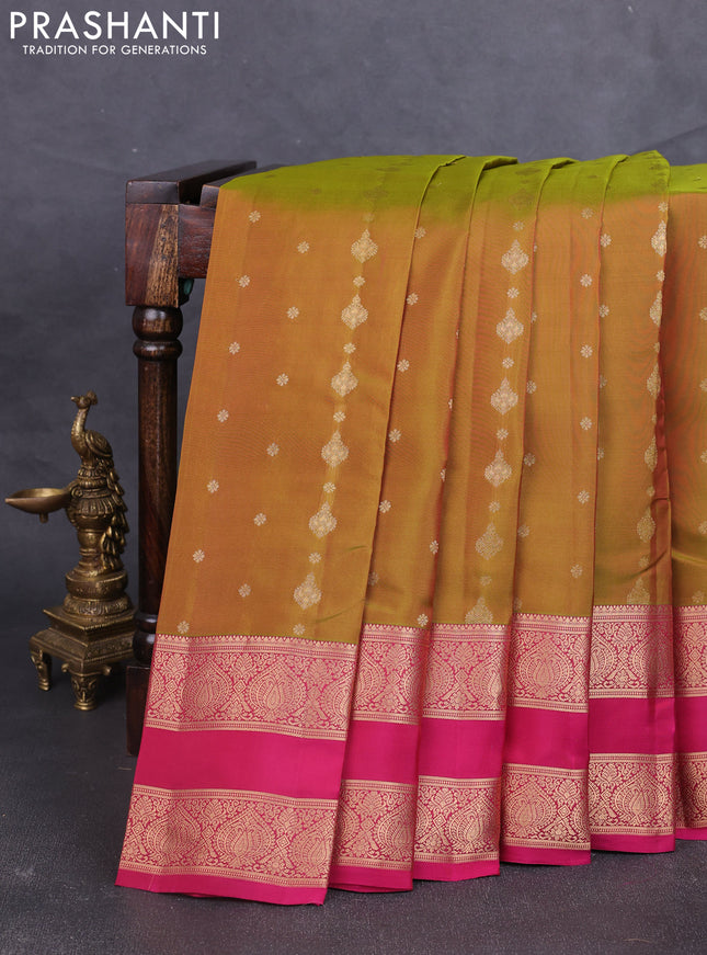 Kanchipuram silk saree mehendi green and dark pink with allover zari woven buttas and rettapet zari woven border