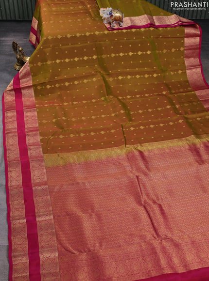 Kanchipuram silk saree mehendi green and dark pink with allover zari woven buttas and rettapet zari woven border