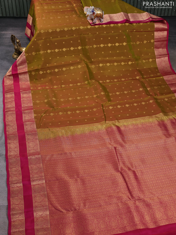 Kanchipuram silk saree mehendi green and dark pink with allover zari woven buttas and rettapet zari woven border