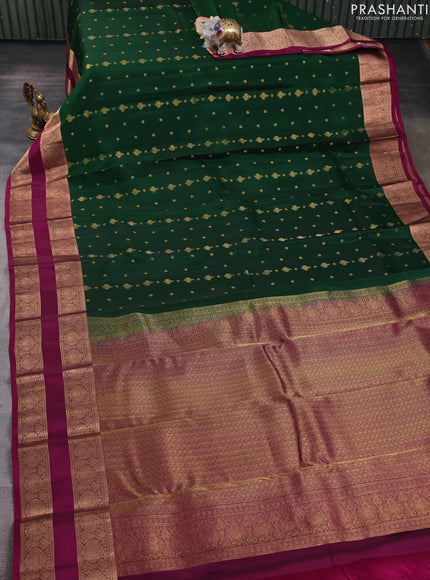 Kanchipuram silk saree green and purple with allover zari woven buttas and rettapet zari woven border