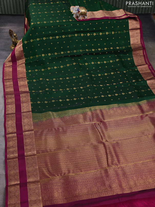 Kanchipuram silk saree green and purple with allover zari woven buttas and rettapet zari woven border
