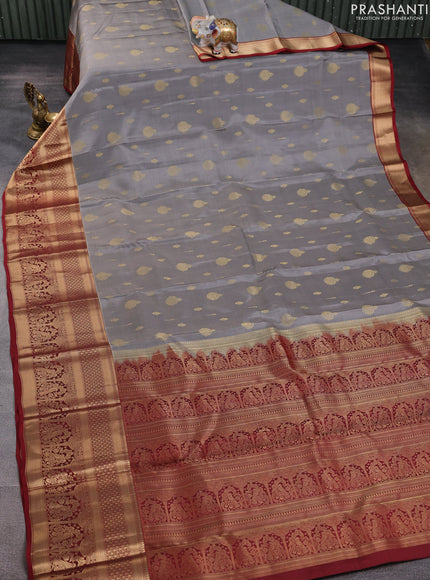 Kanchipuram silk saree grey and maroon with allover zari woven buttas and long zari woven border