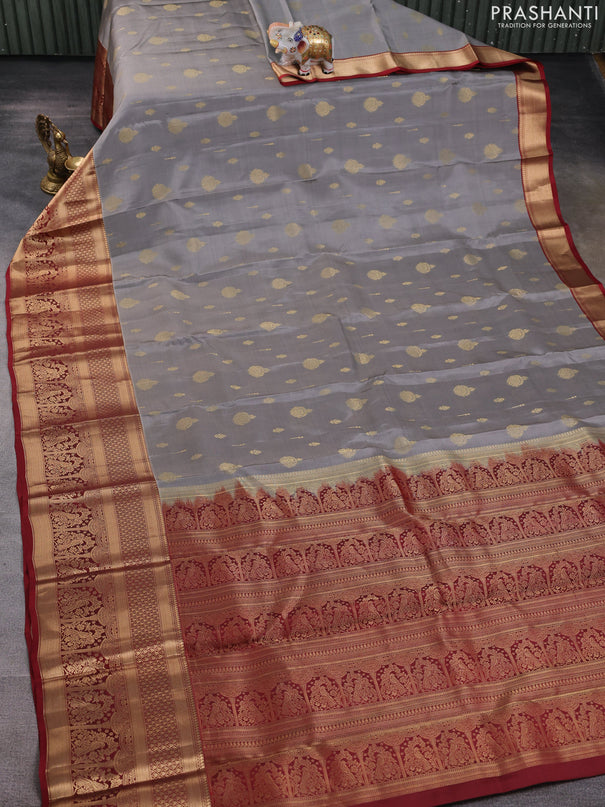 Kanchipuram silk saree grey and maroon with allover zari woven buttas and long zari woven border