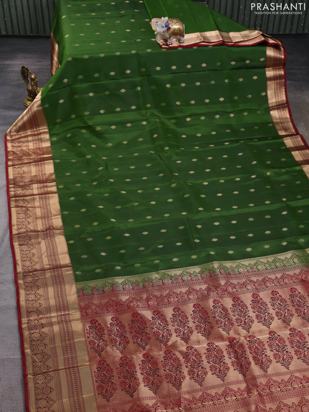 Kanchipuram silk saree green  and maroon with allover zari woven buttas and long zari woven border