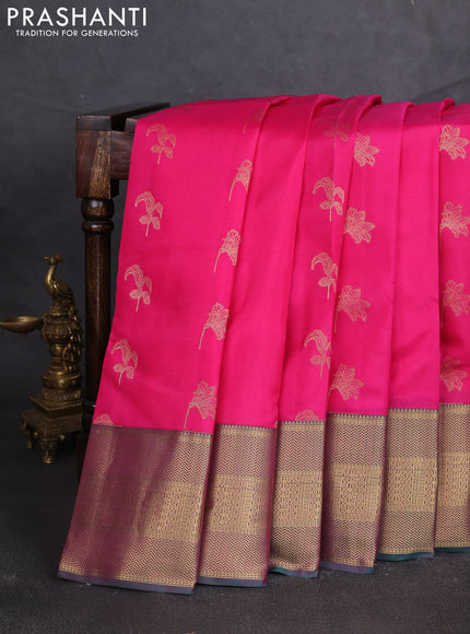 Kanchipuram silk saree pink and green with allover zari woven buttas and long zari woven border