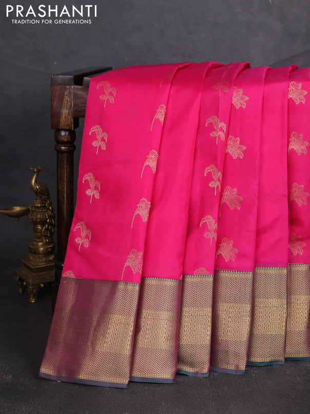 Kanchipuram silk saree pink and green with allover zari woven buttas and long zari woven border