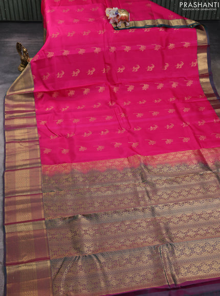 Kanchipuram silk saree pink and green with allover zari woven buttas and long zari woven border