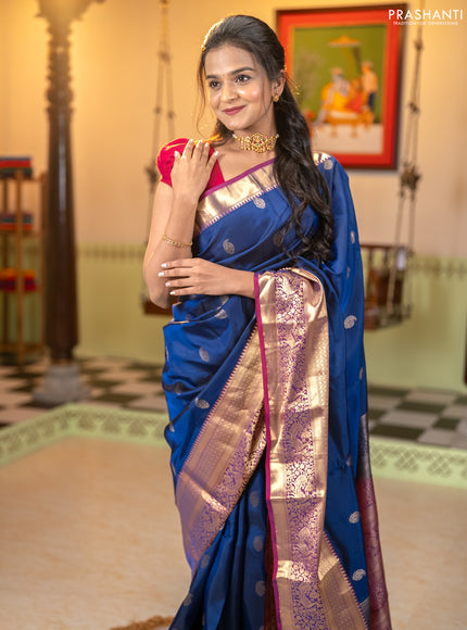 Kanchipuram silk saree navy blue and wine shade with allover paisley zari woven buttas and long zari woven border