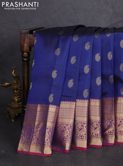 Kanchipuram silk saree navy blue and wine shade with allover paisley zari woven buttas and long zari woven border