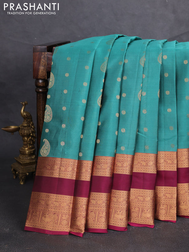 Kanchipuram silk saree green shade and wine shade with allover zari woven buttas and long rettapet zari woven border
