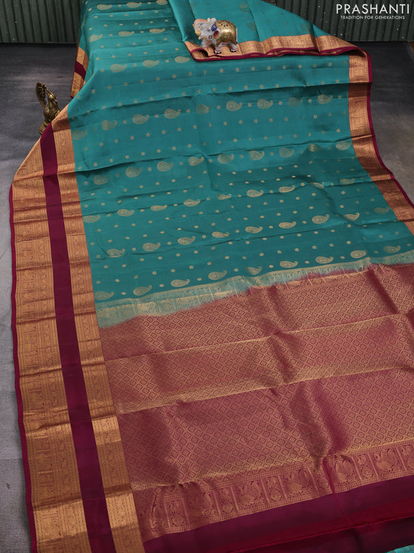 Kanchipuram silk saree green shade and wine shade with allover zari woven buttas and long rettapet zari woven border